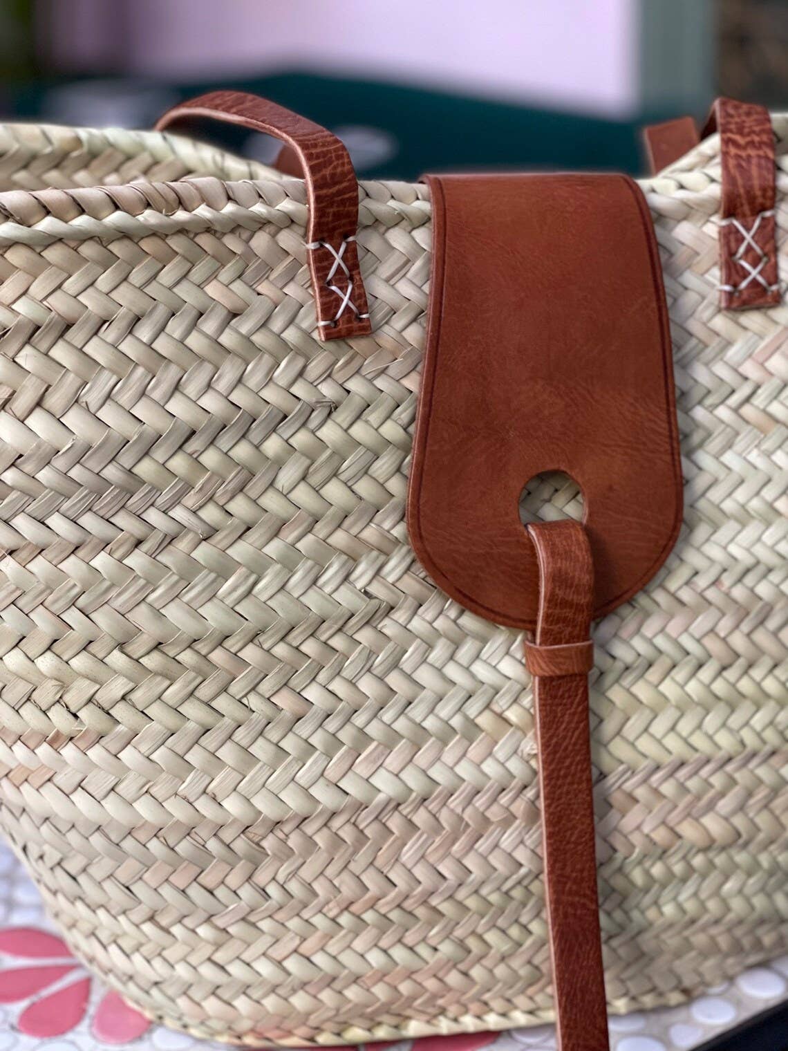 Marrakesh Living - Straw Basket with Long Handle - Handmade with Leather