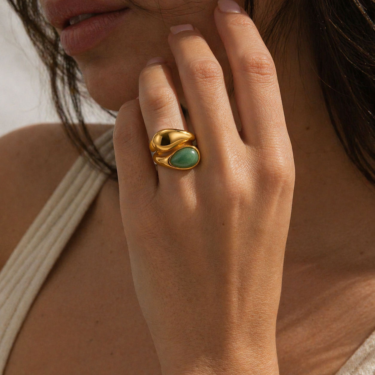 Gold Lunar - Aventurine Green Gemstone Ring, Gold
