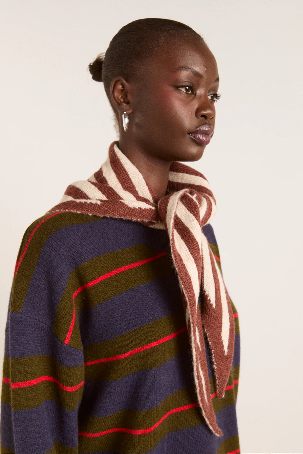 Damson Madder - Stripe Triangle Head Scarf, Choc & Ecru