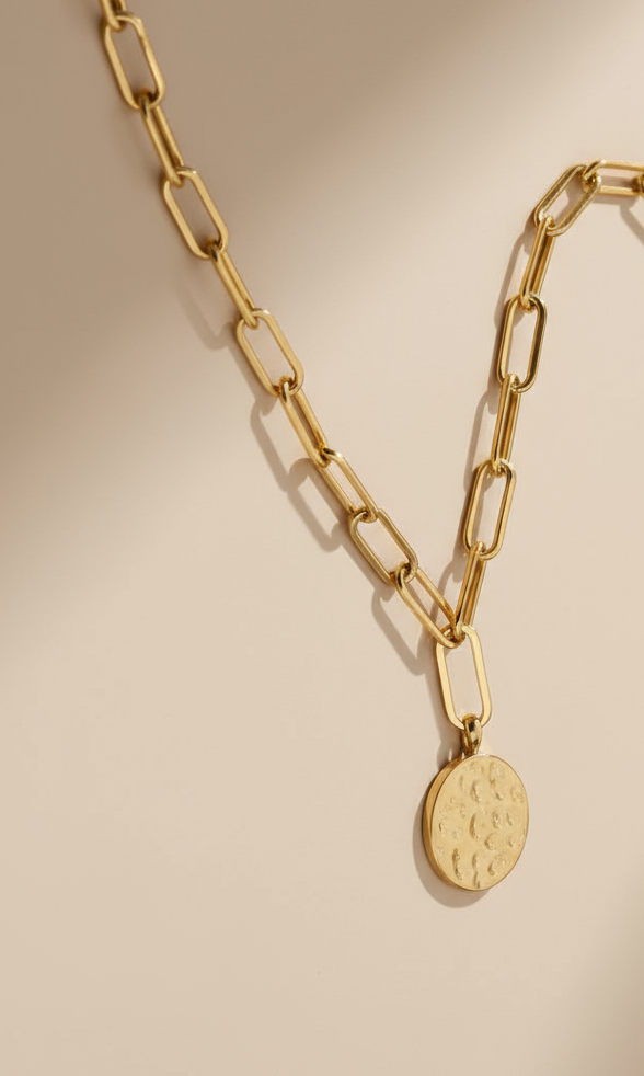 Gold Lunar -  Molten Disc Paperclip Link Chain Necklace