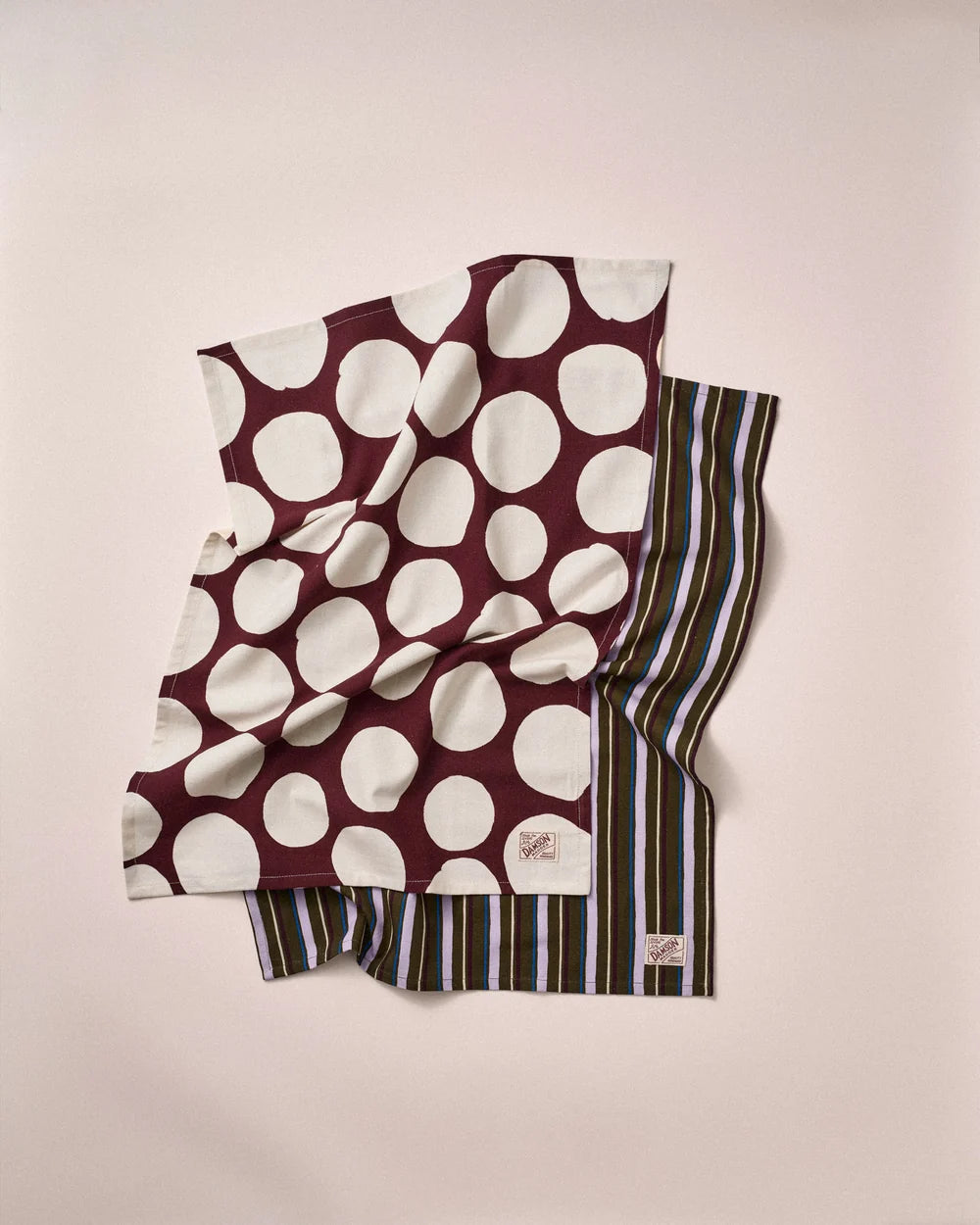 Damson Madder - Set of 2 Tea Towels, Burg Spot/Green Stripe
