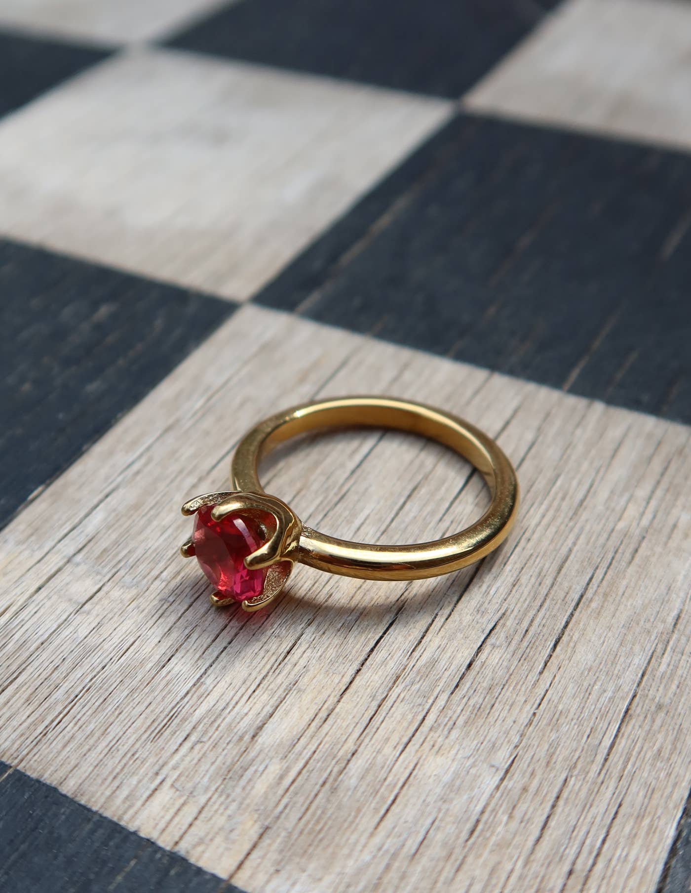 Nordic Muse - Gold Claw Set Red Gemstone Ring, Waterproof