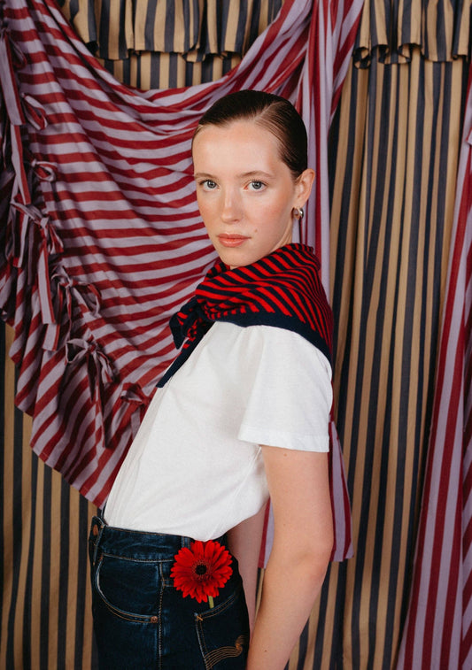 TBCo - Merino Wool Triangle Scarf in Navy & Red Stripe