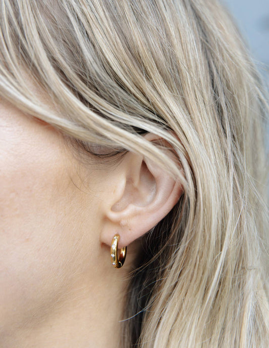 Nordic Muse - Gold Small Stone Embossed Hoop Earrings