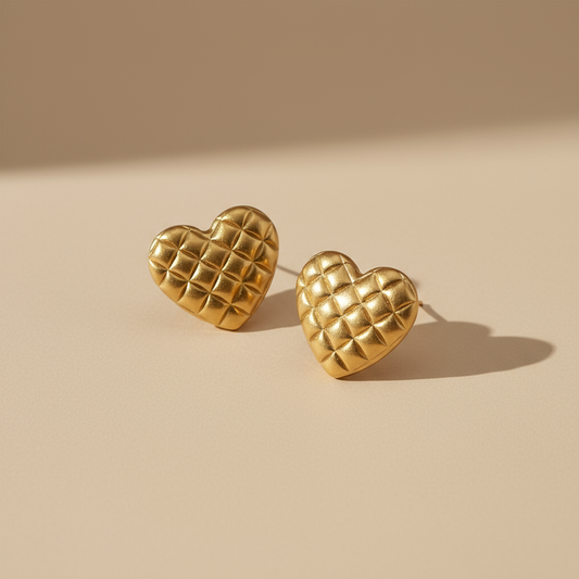 Gold Lunar -  Quilted Heart Stud Earrings