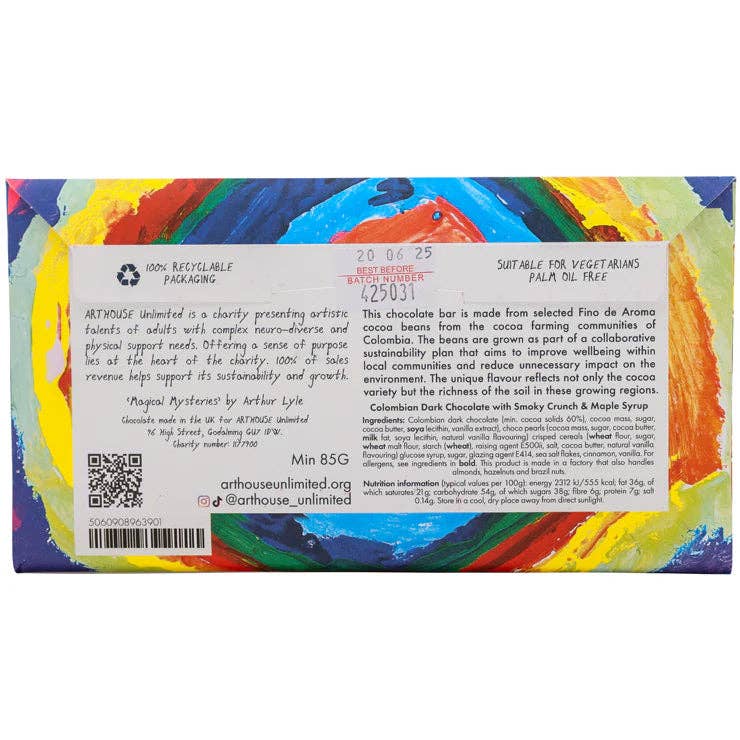 Arthouse Unlimited - Magical Mysteries, Dark Chocolate Bar with Malt Crunch, Sea Salt, Cinnamon and Vanilla