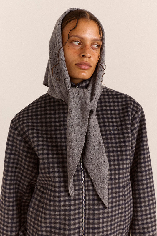 Damson Madder - Lightweight Wool Pointelle Triangle Scarf, Grey Marl