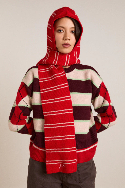 Damson Madder - Hooded Scarf, Red/Oatmeal Stripe