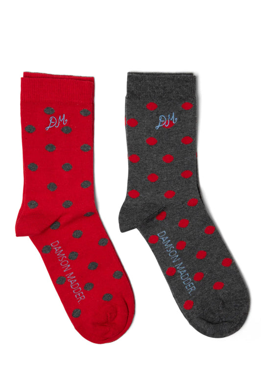Damson Madder - 2 Pack Socks, Red/Charcoal Spot