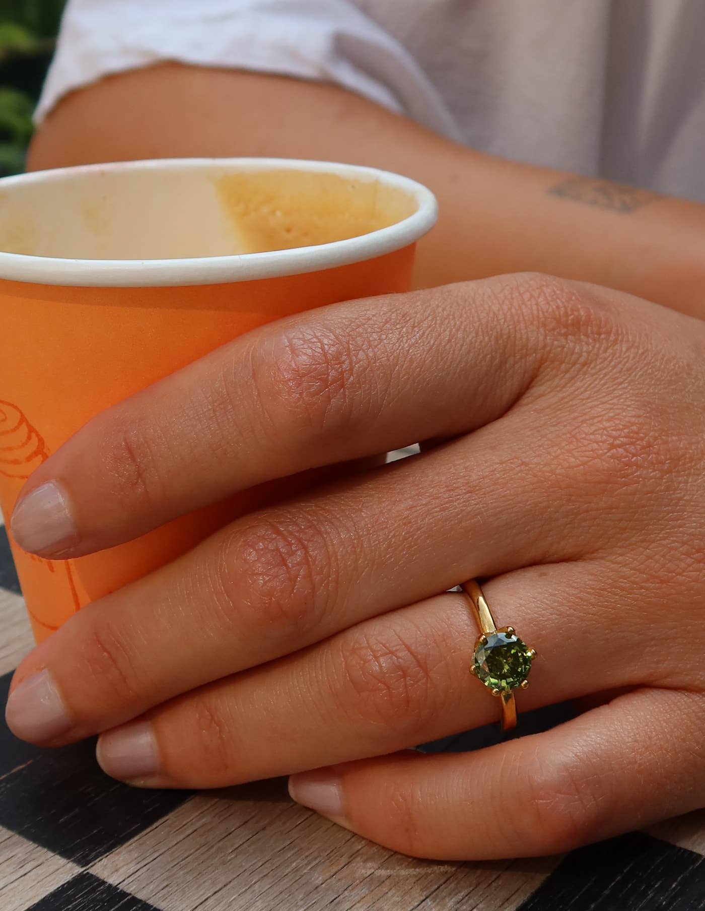 Nordic Muse - Gold Claw Set Green Gemstone Ring, Waterproof