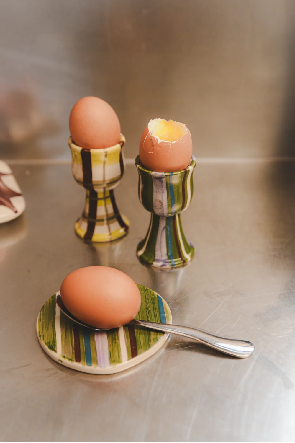 Damson Madder - Egg Cups, Chartreuse Check/Olive Stripe