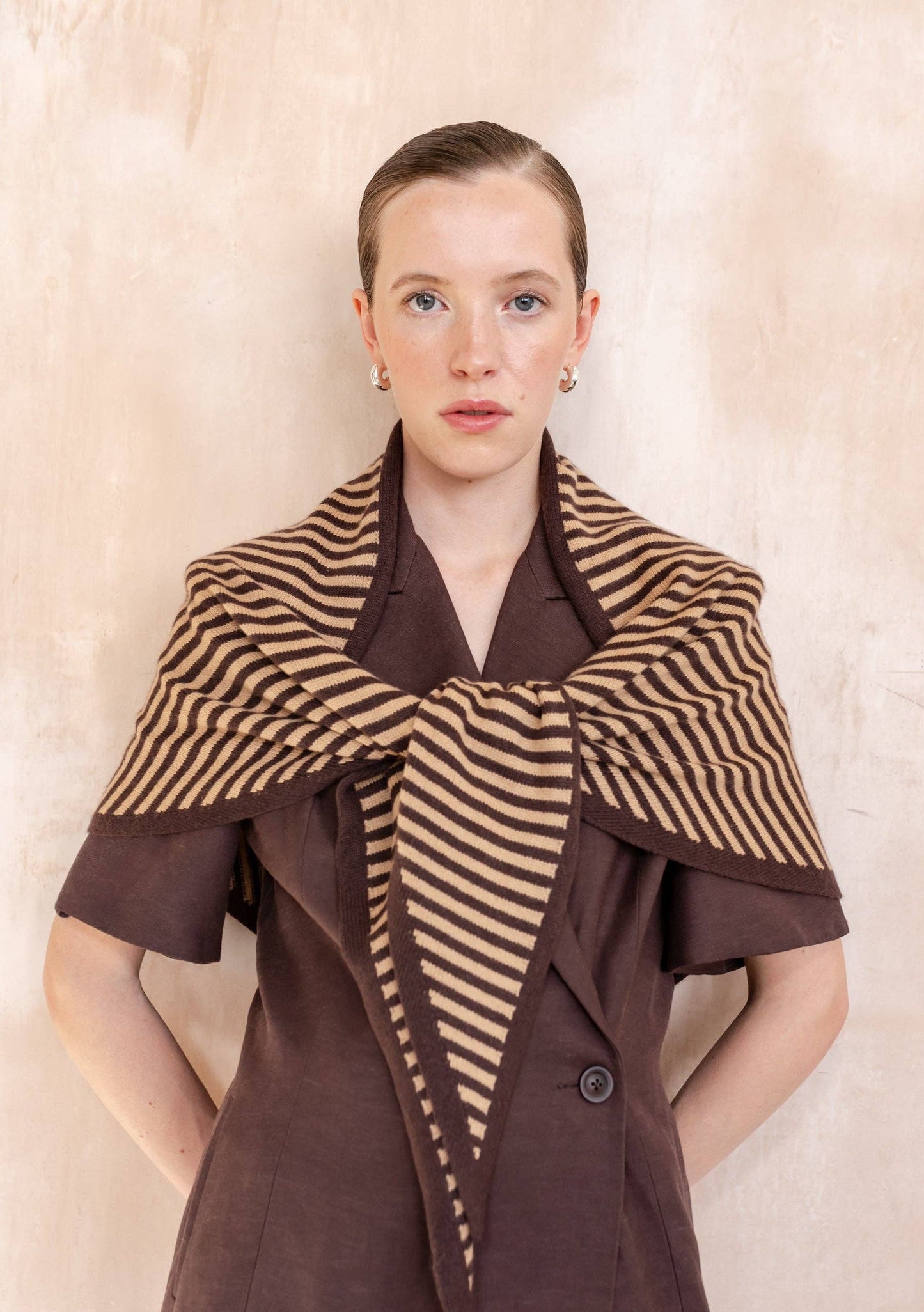TBCo - Large Merino Wool Triangle Scarf in Camel & Brown Stripe