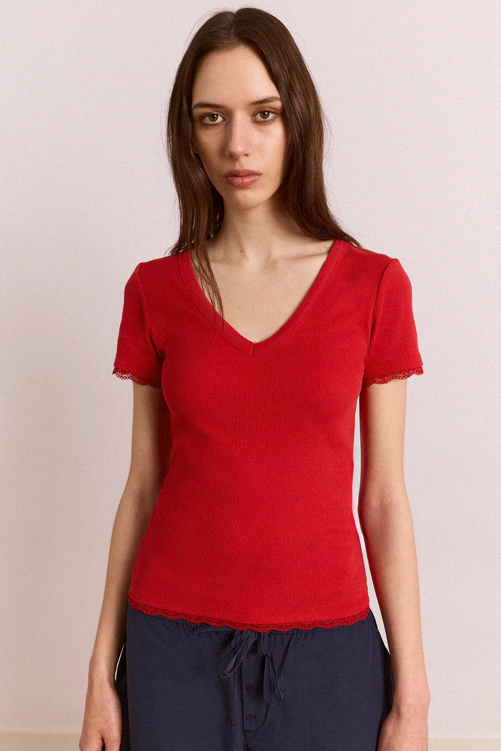 Damson Madder - Paige V-Neck Tee, Red