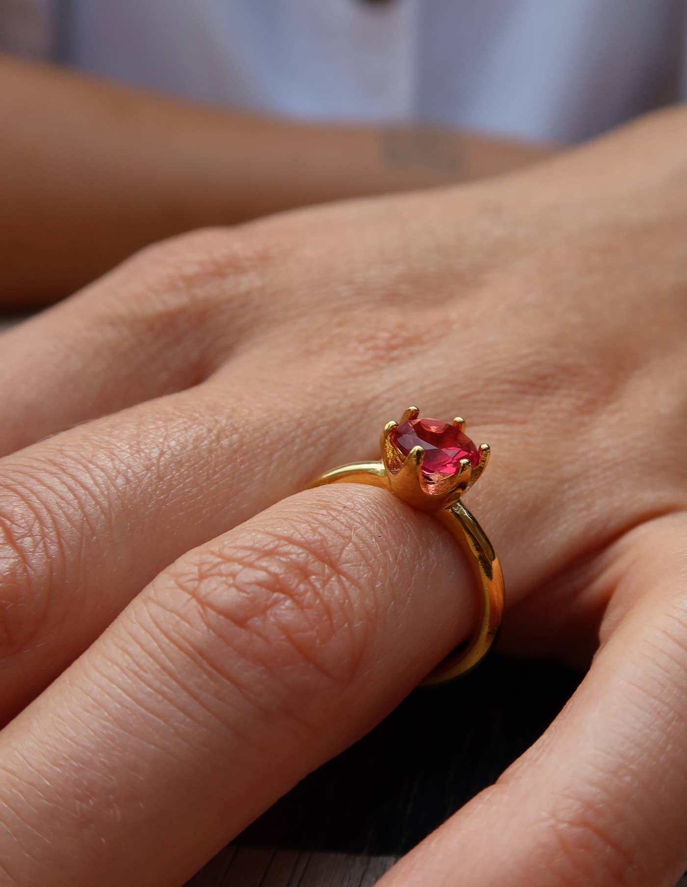 Nordic Muse - Gold Claw Set Red Gemstone Ring, Waterproof