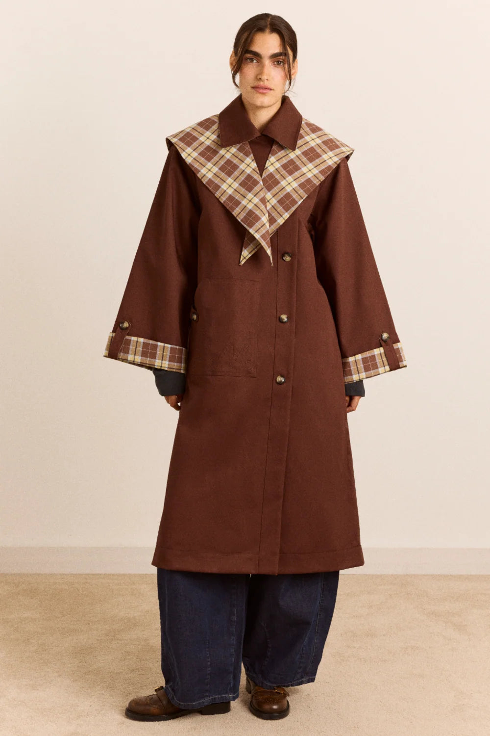 Damson Madder - Reversible Longline Jerry Trench, Chocolate