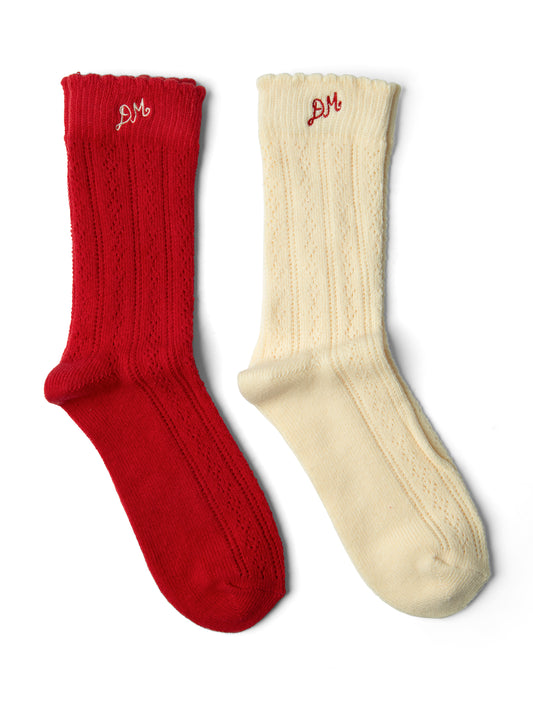 Damson Madder - 2 Pack Socks, Red & Cream Pointelle