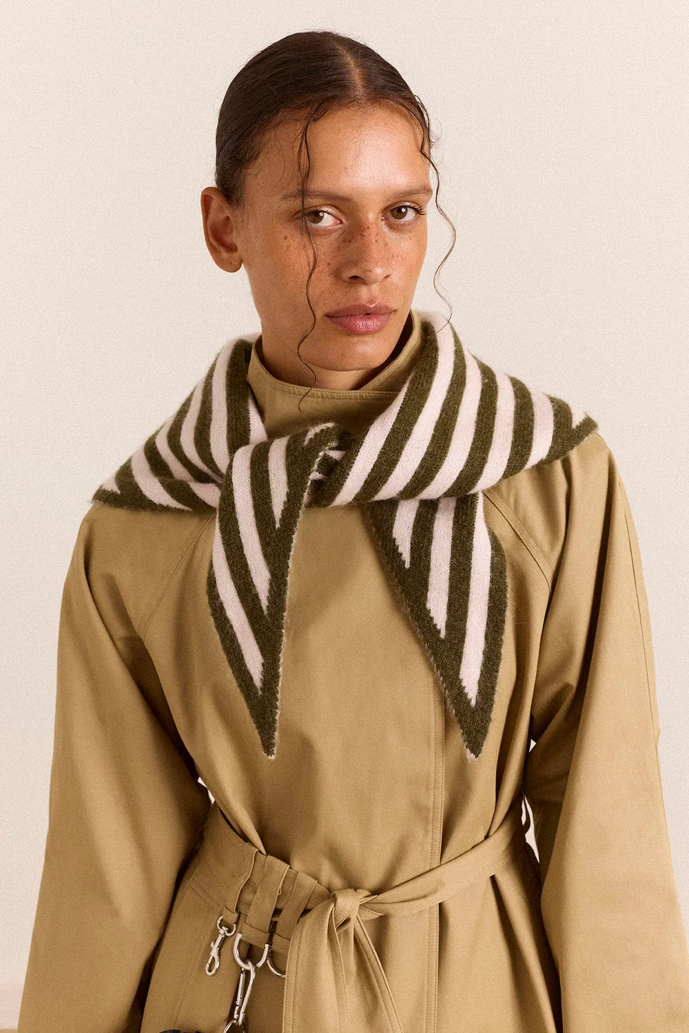Damson Madder - Triangle Scarf, Olive and Pink Stripe