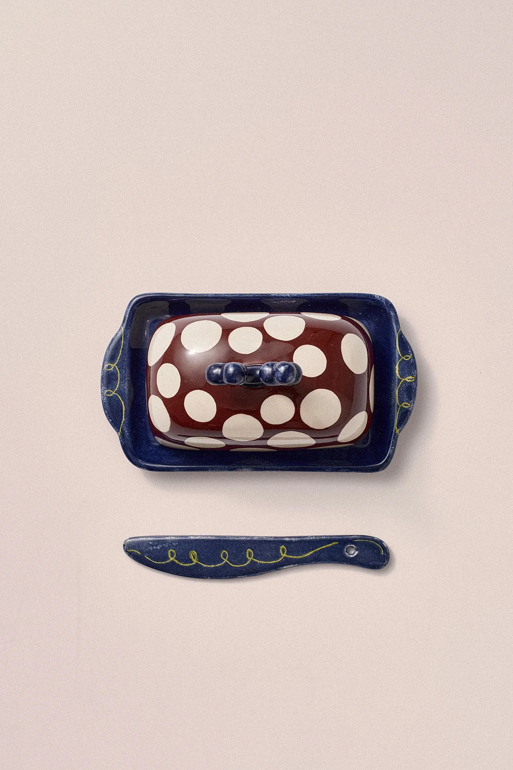 Damson Madder - Hand Painted Butter Dish and Knife, Large Spot/Green Swirl