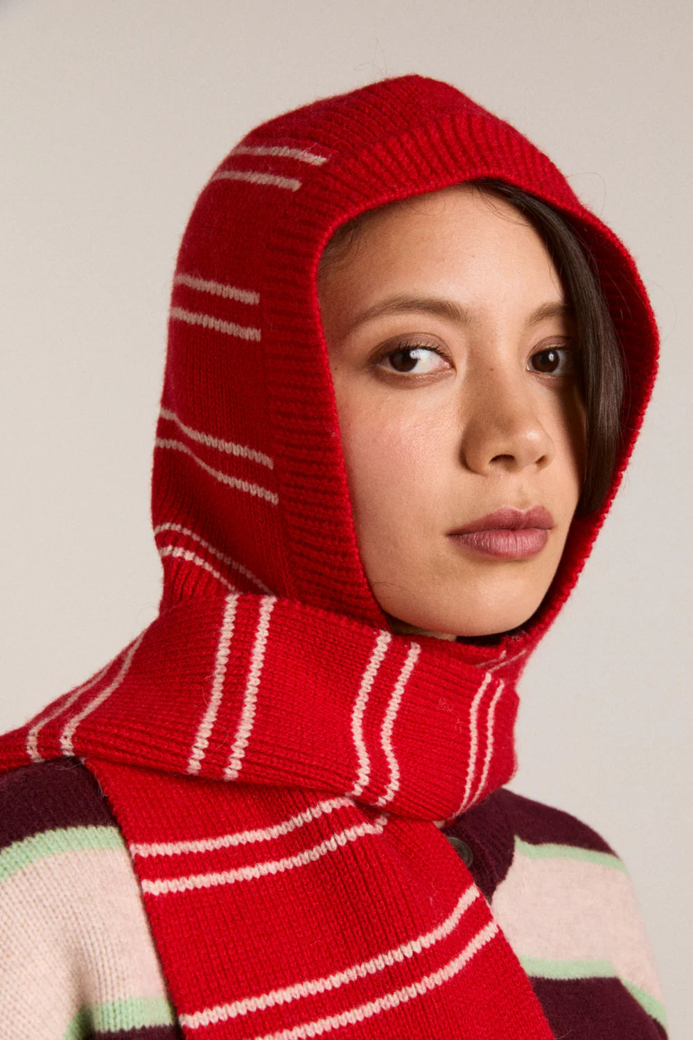Damson Madder - Hooded Scarf, Red/Oatmeal Stripe