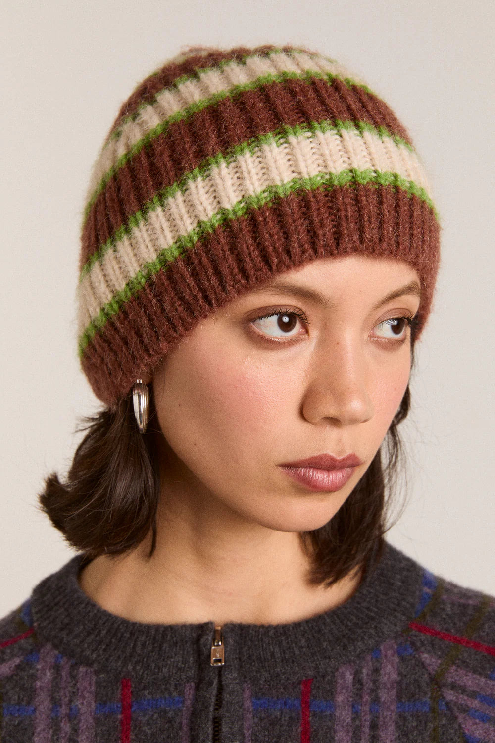 Damson Madder - Stripe Beanie, Oat/Burgundy/Lime