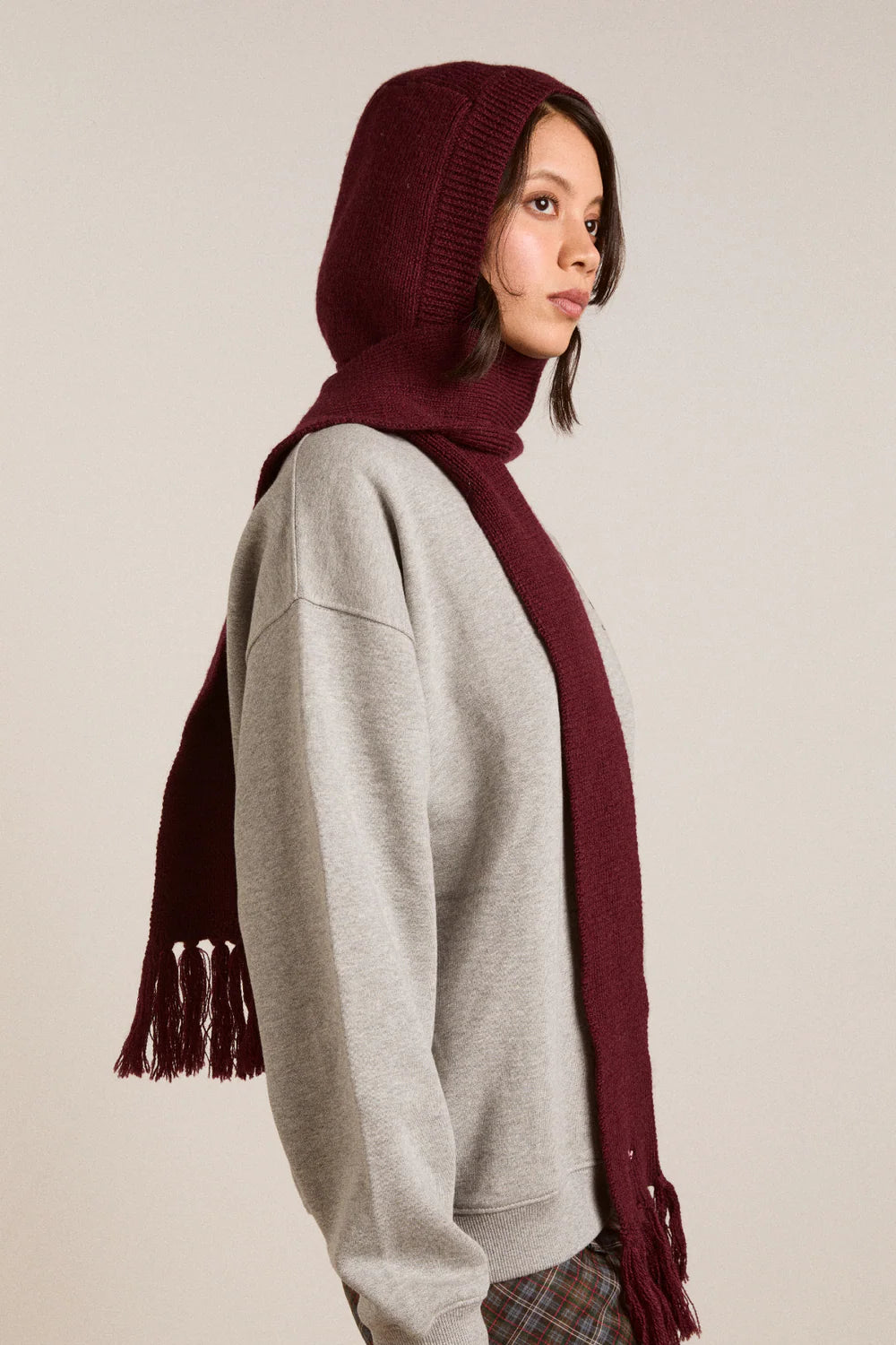 Damson Madder - Tassel Hooded Scarf, Burgundy