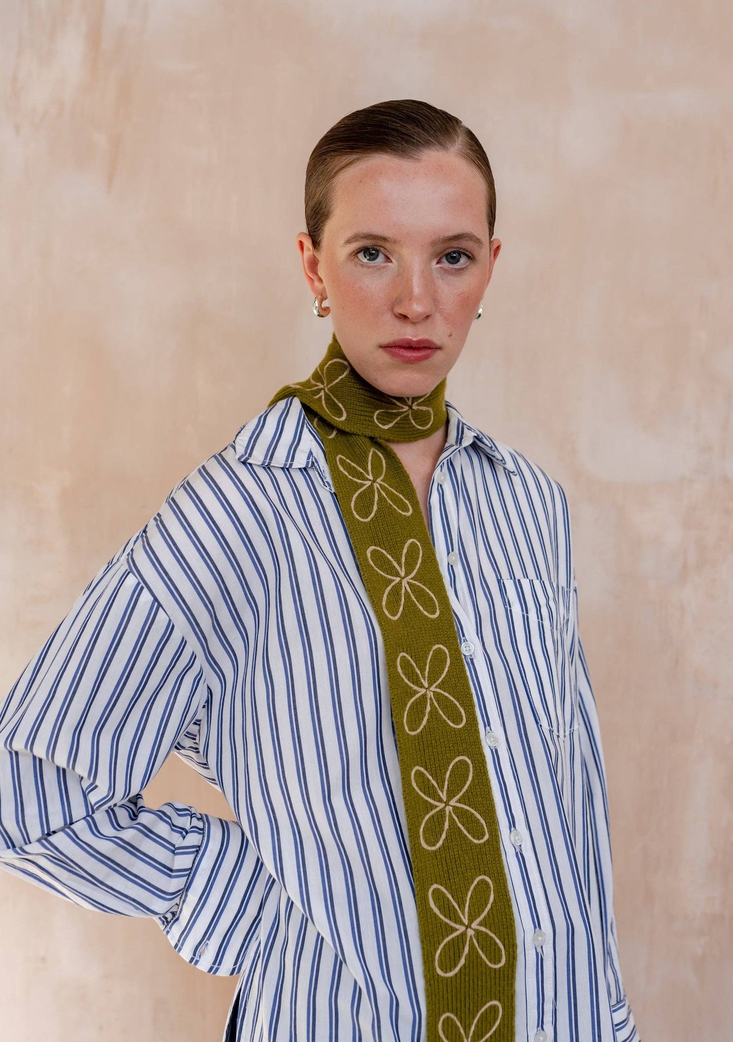 TBco - Merino Wool Skinny Scarf in Olive Flora