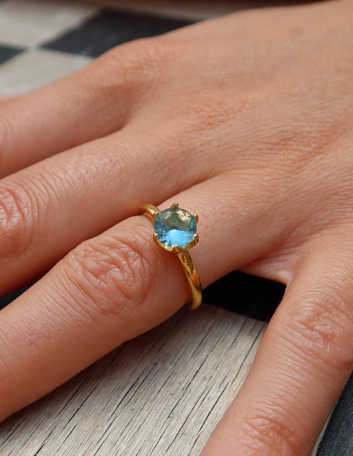 Gold Claw Set Blue Gemstone Ring, Waterproof