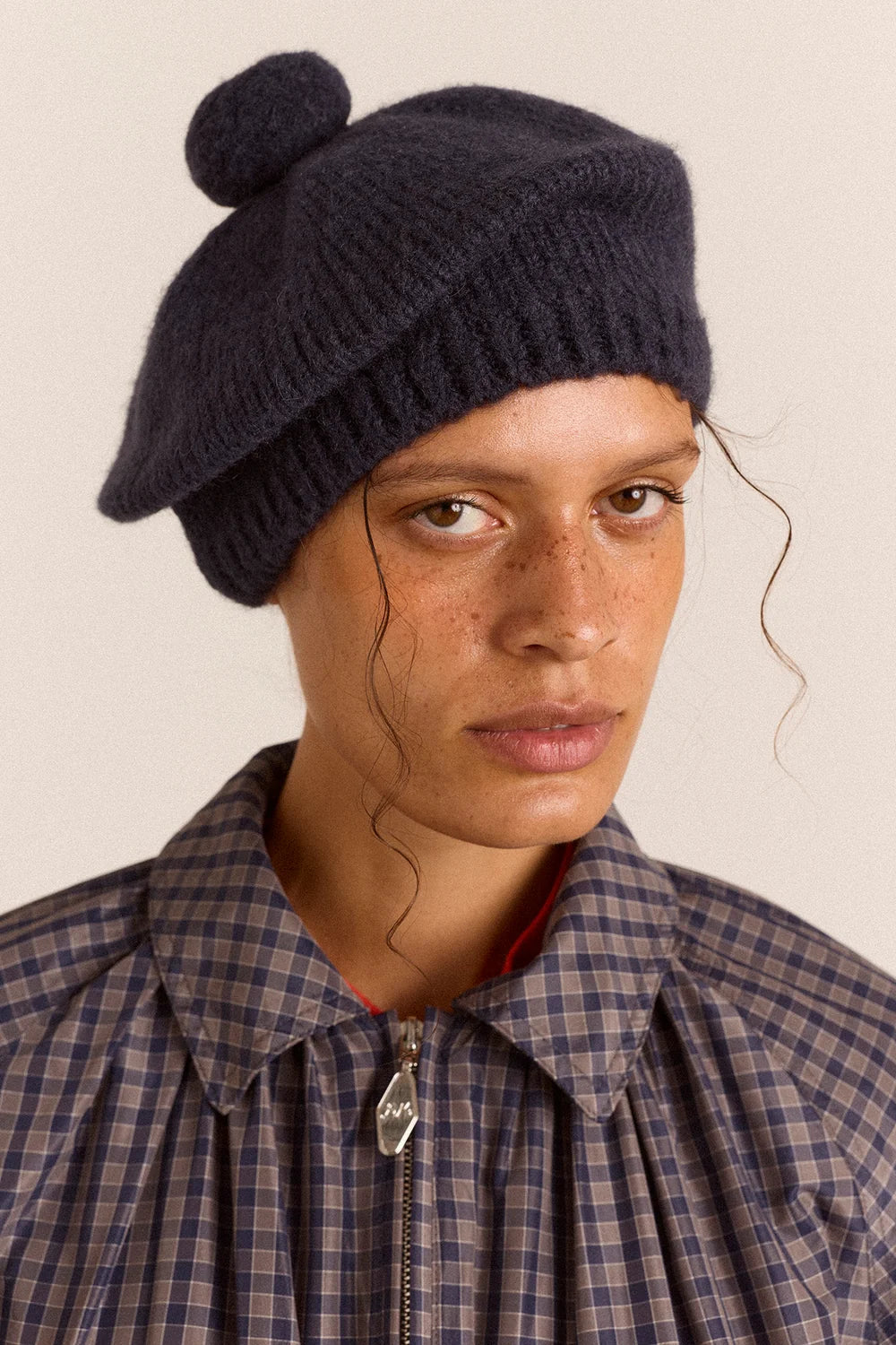 Damson Madder - Knitted Pom Pom Beret, Navy