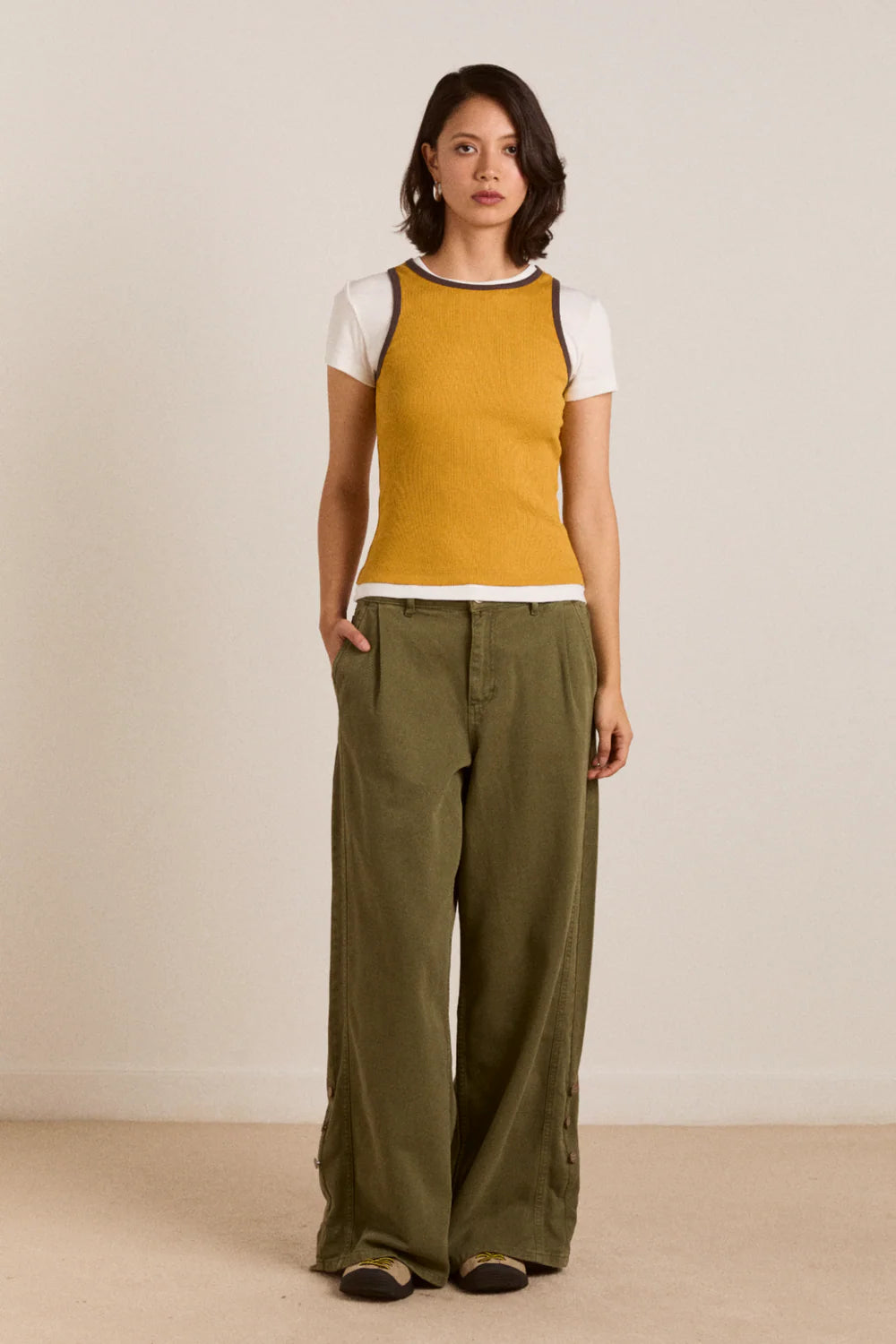 Damson Madder - Manon Layered Short Sleeve Tee, Yellow/Coffee Bean