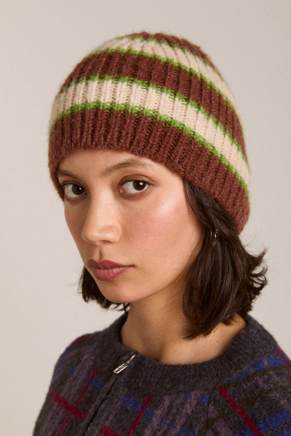 Damson Madder - Stripe Beanie, Oat/Burgundy/Lime