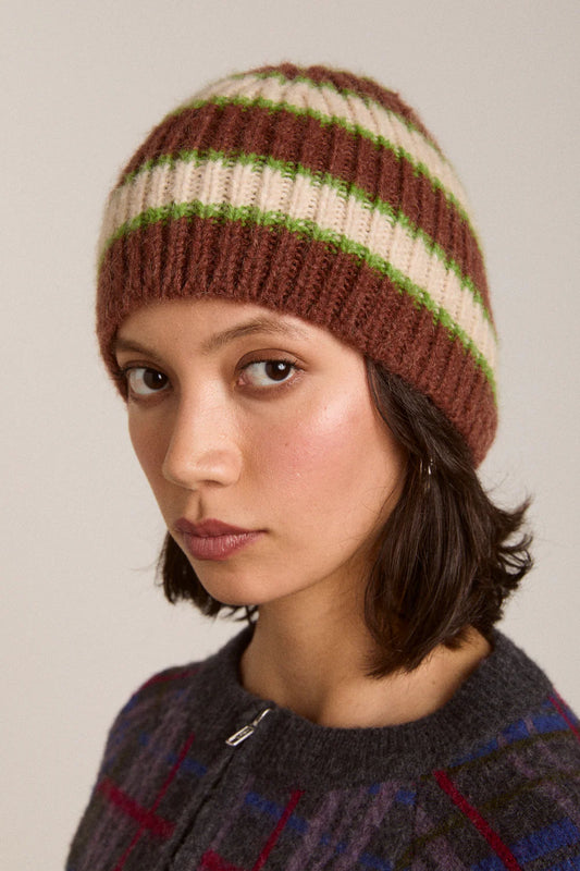 Damson Madder - Stripe Beanie, Oat/Burgundy/Lime