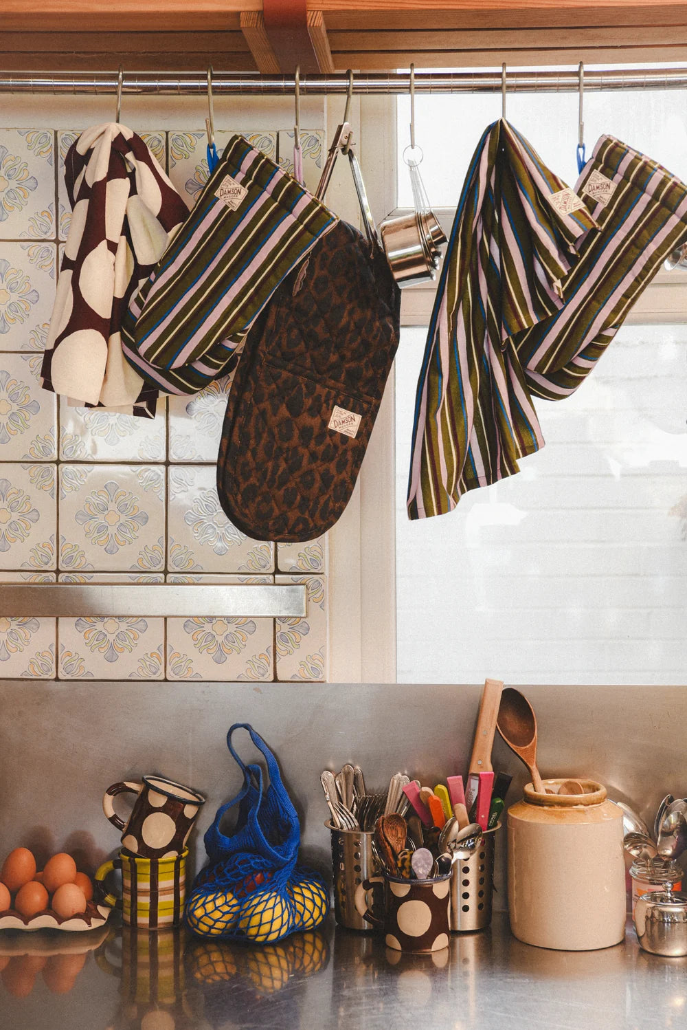 Damson Madder - Single Oven Mitt, Green Stripe