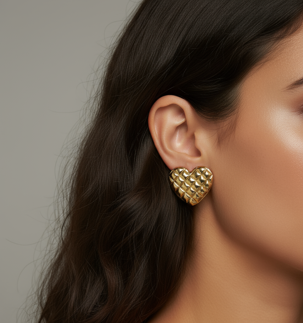 Gold Lunar -  Quilted Heart Stud Earrings