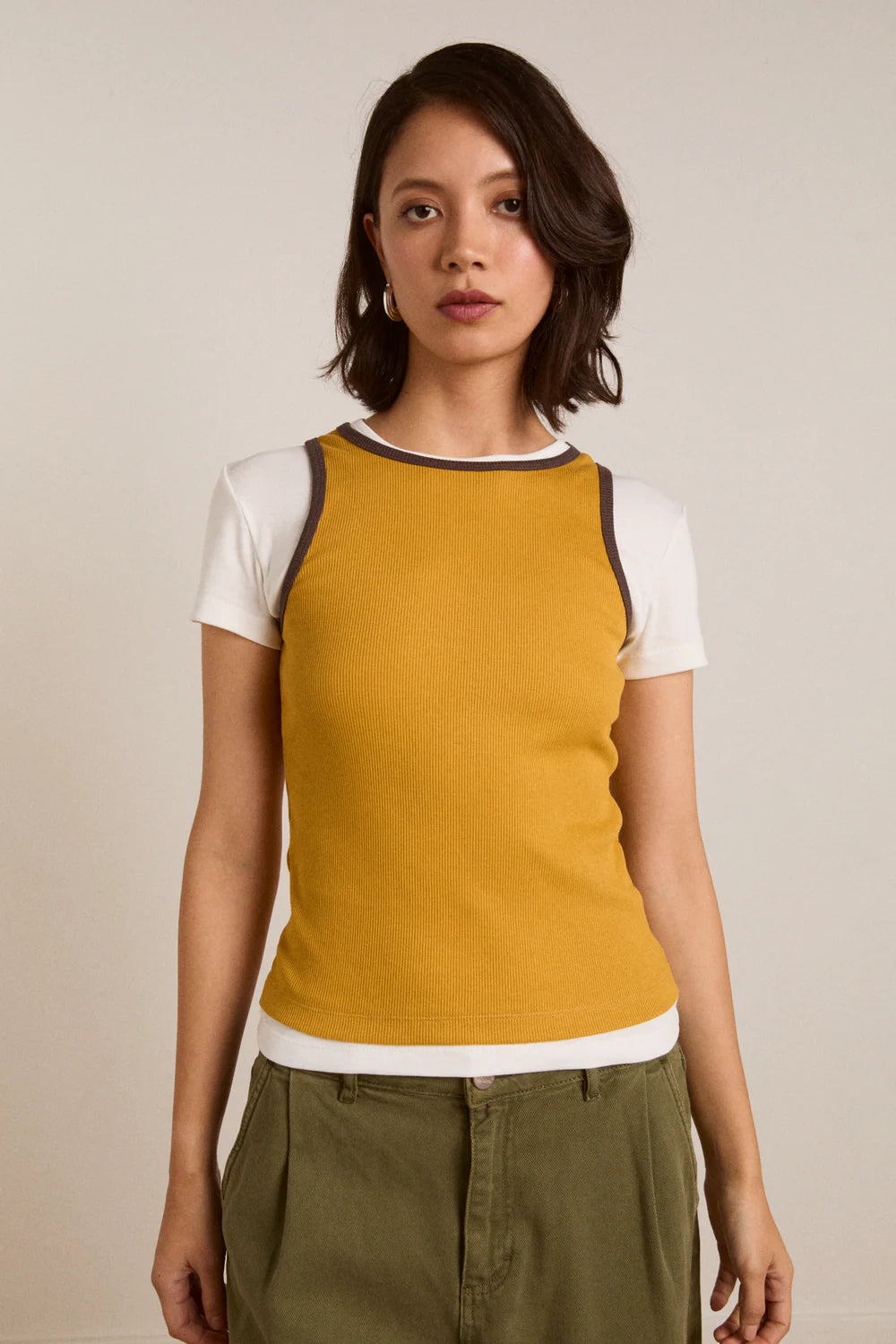 Damson Madder - Manon Layered Short Sleeve Tee, Yellow/Coffee Bean