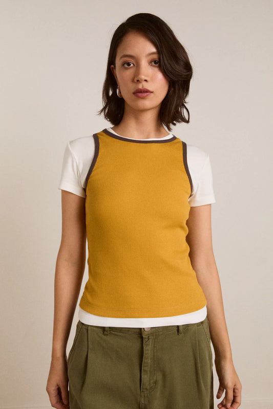 Damson Madder - Manon Layered Short Sleeve Tee, Yellow/Coffee Bean