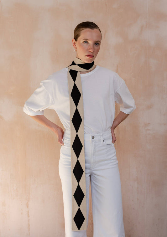 TBco - Merino Wool Skinny Scarf in Black Harlequin