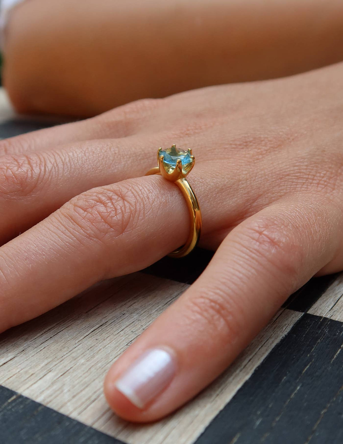 Gold Claw Set Blue Gemstone Ring, Waterproof