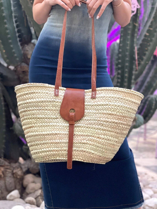 Marrakesh Living - Straw Basket with Long Handle - Handmade with Leather