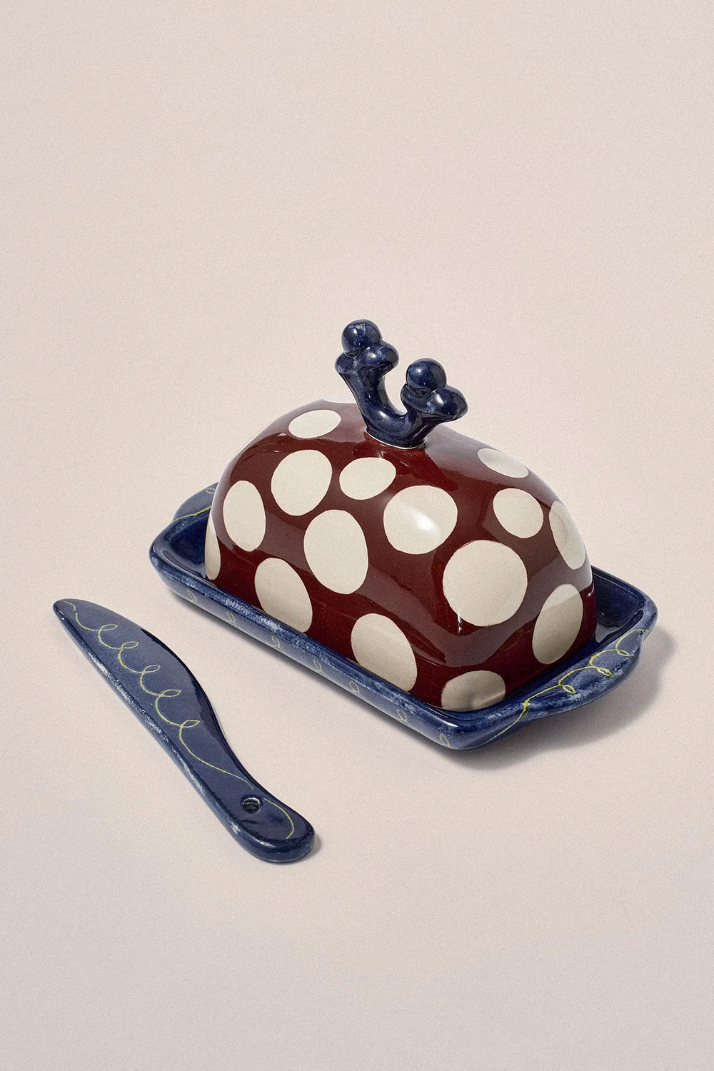 Damson Madder - Hand Painted Butter Dish and Knife, Large Spot/Green Swirl