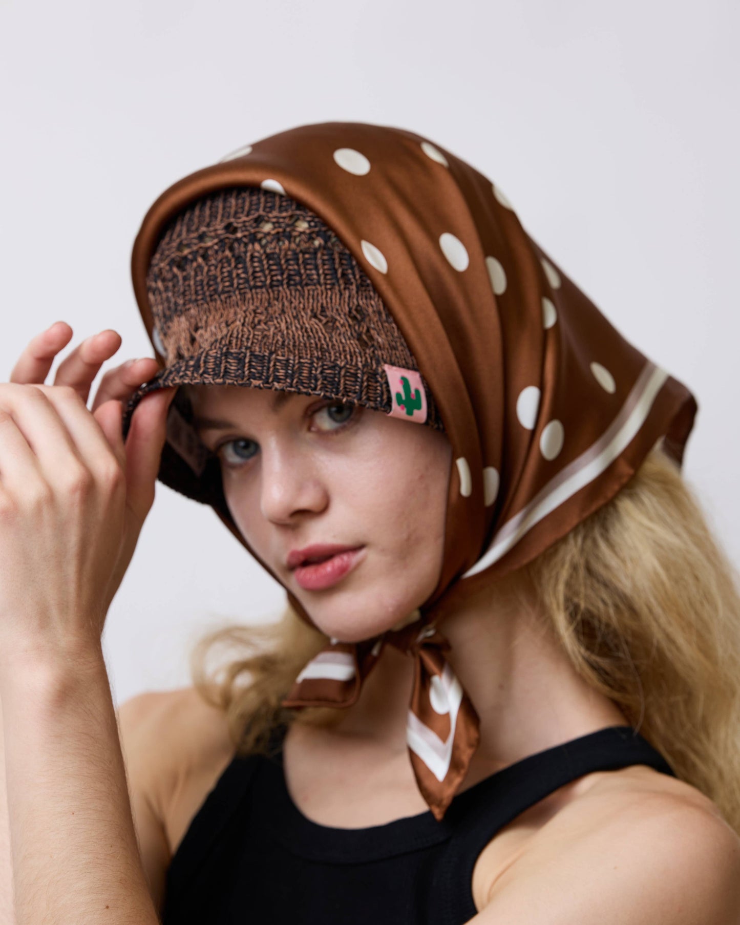 Lost Pattern NYC - Retro Polka Silk Bandana Scarf, Cafe Au Lait