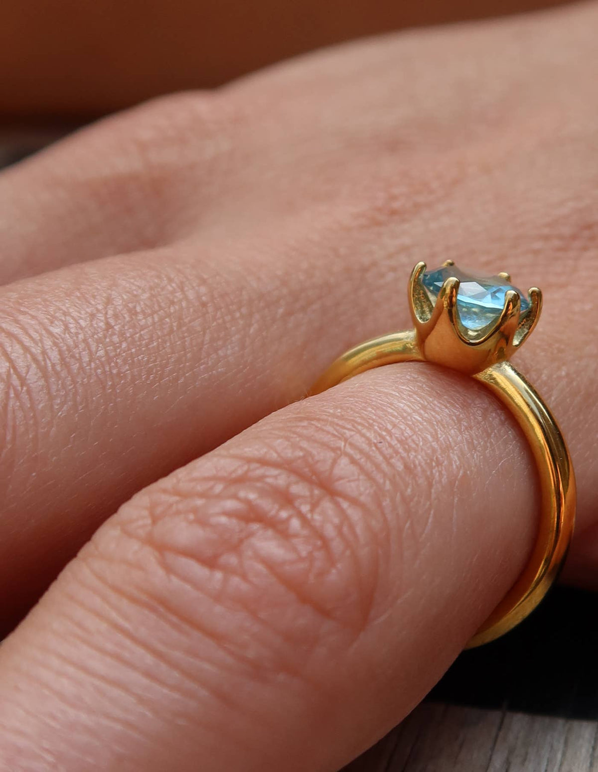 Gold Claw Set Blue Gemstone Ring, Waterproof
