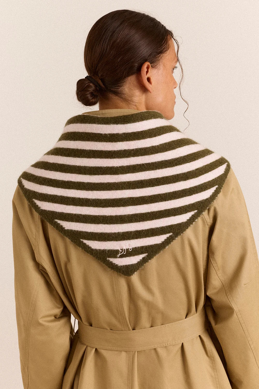Damson Madder - Triangle Scarf, Olive and Pink Stripe