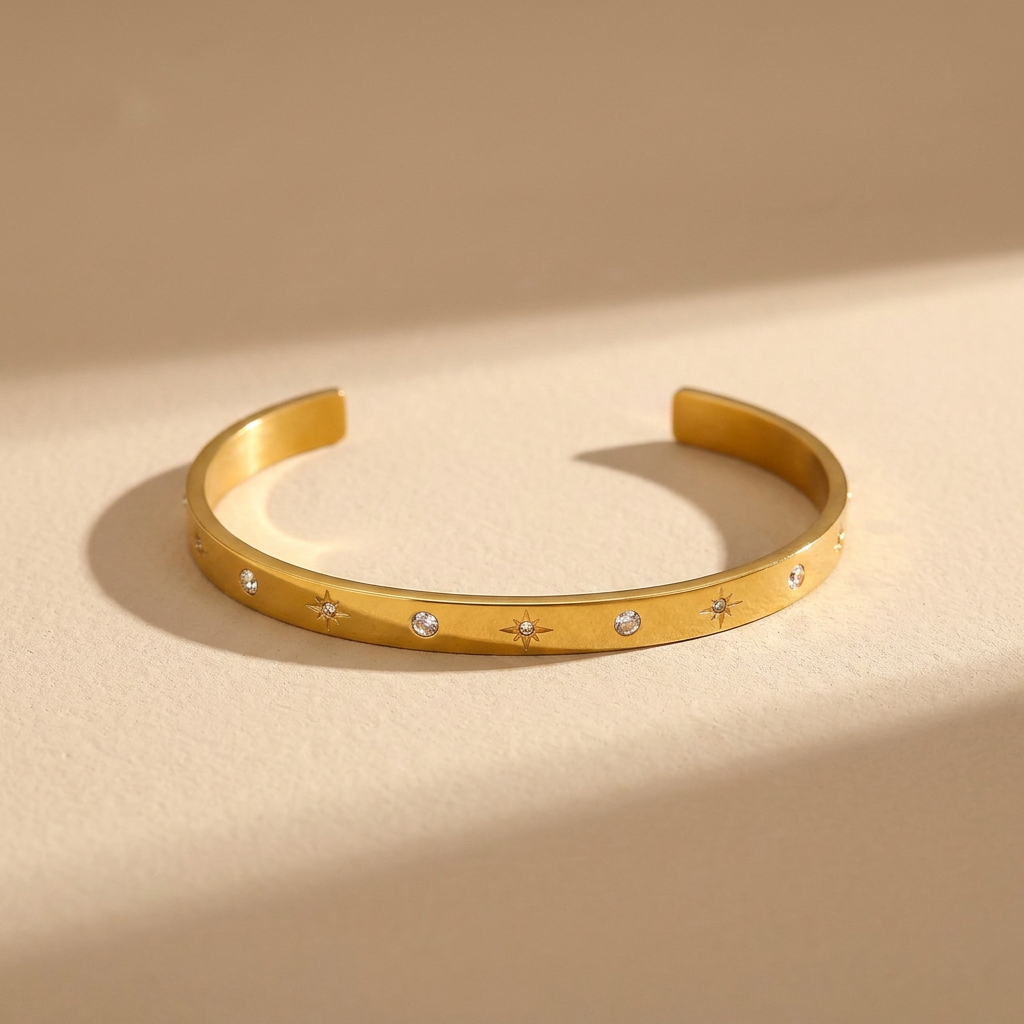Gold Lunar - Celestial Cuff Bracelet Star & Stone Design