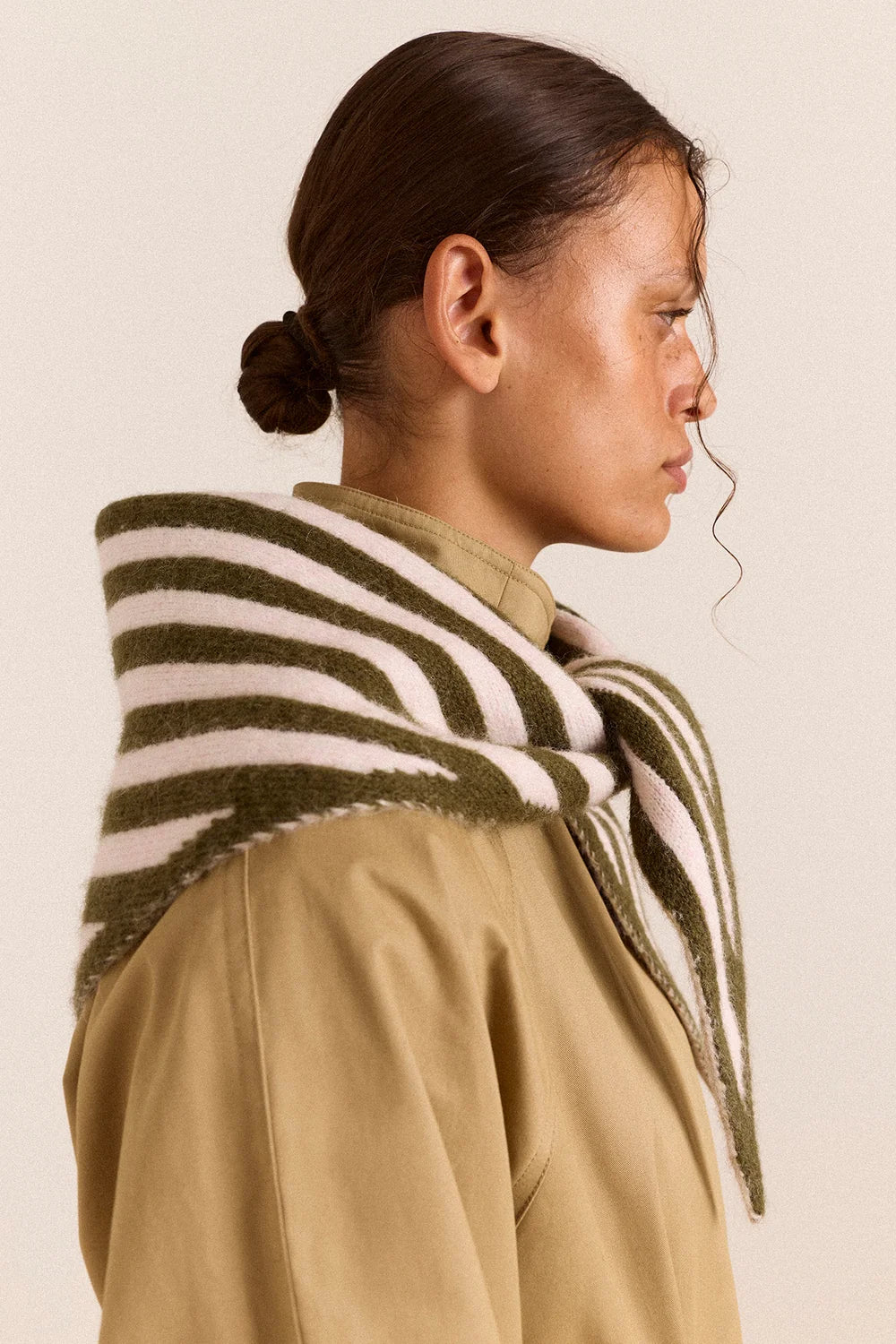 Damson Madder - Triangle Scarf, Olive and Pink Stripe