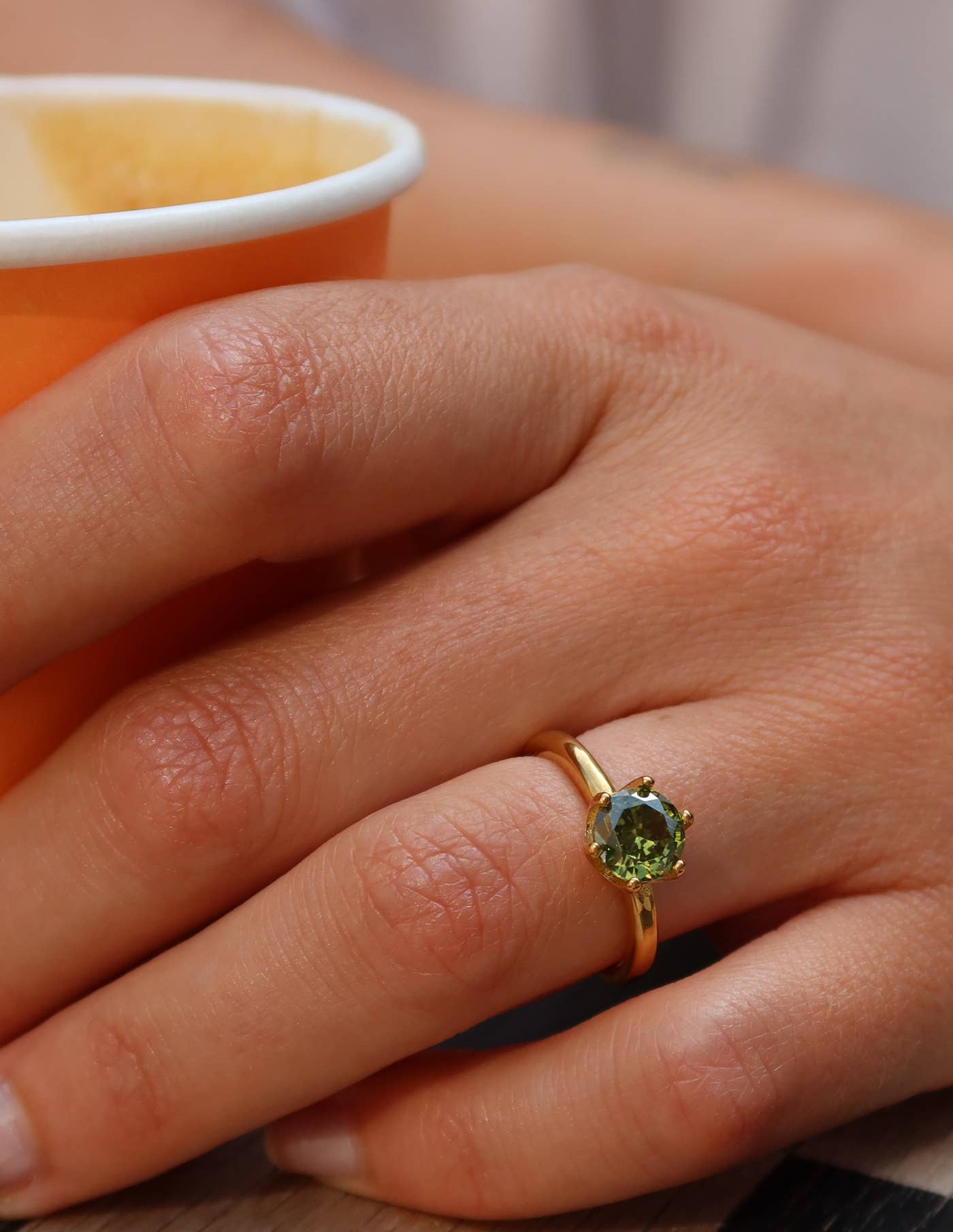 Nordic Muse - Gold Claw Set Green Gemstone Ring, Waterproof