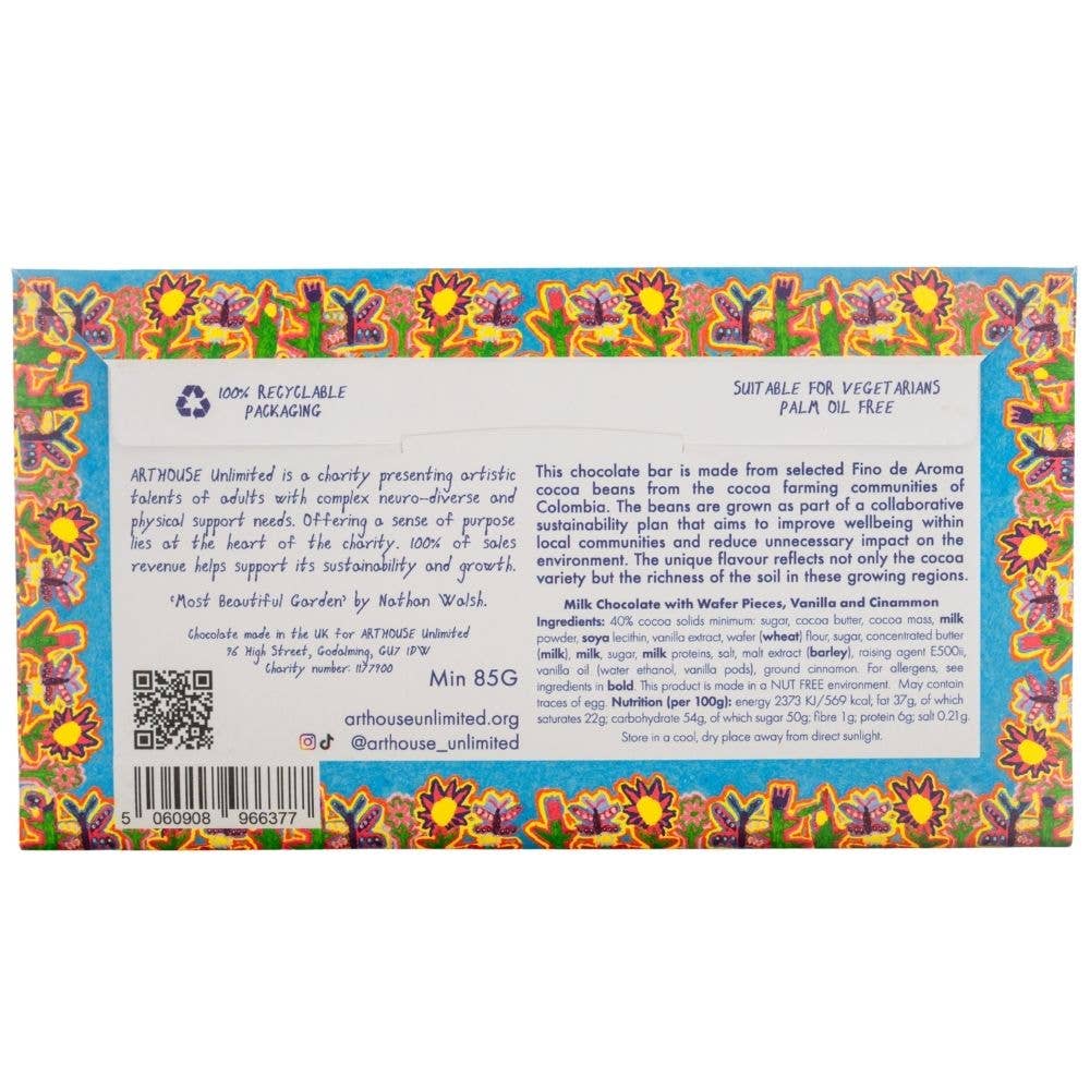 Arthouse Unlimited - Most Beautiful Garden, Milk Chocolate Bar with Wafer Pieces, Vanilla & Cinnamon