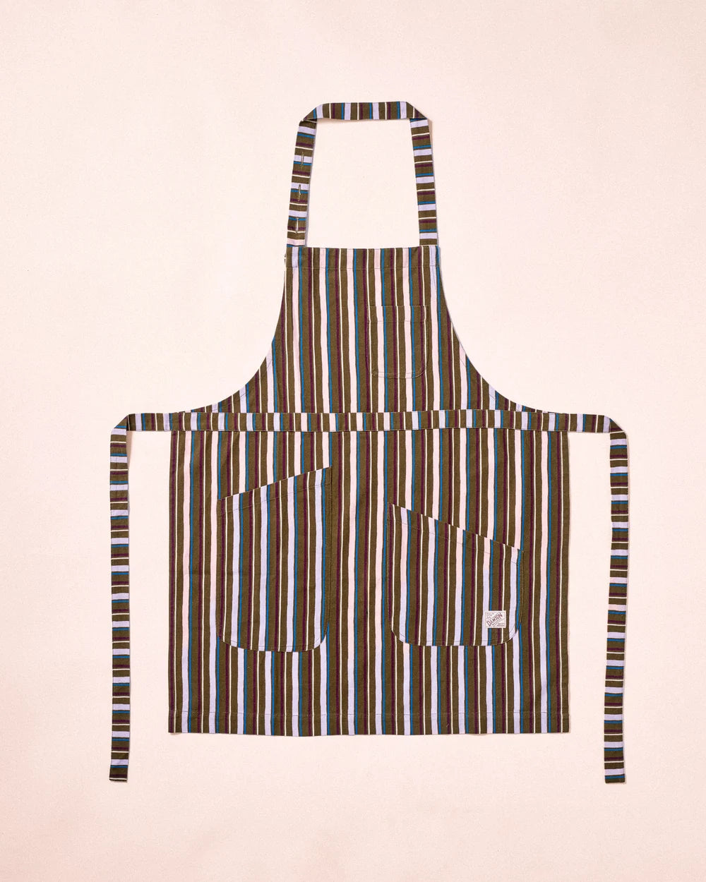 Damson Madder - Apron with Multi Pockets, Olive Stripe