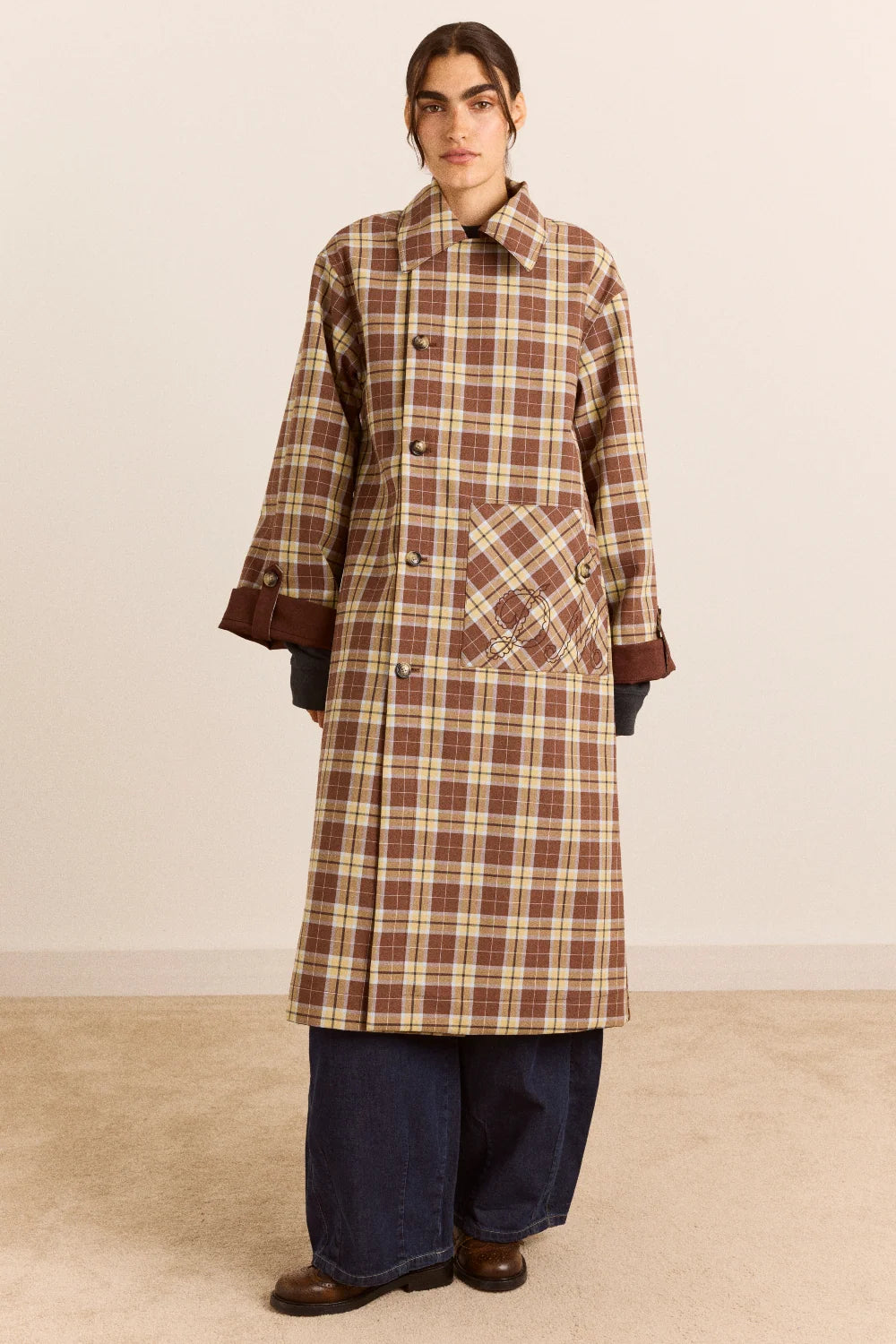 Damson Madder - Reversible Longline Jerry Trench, Chocolate
