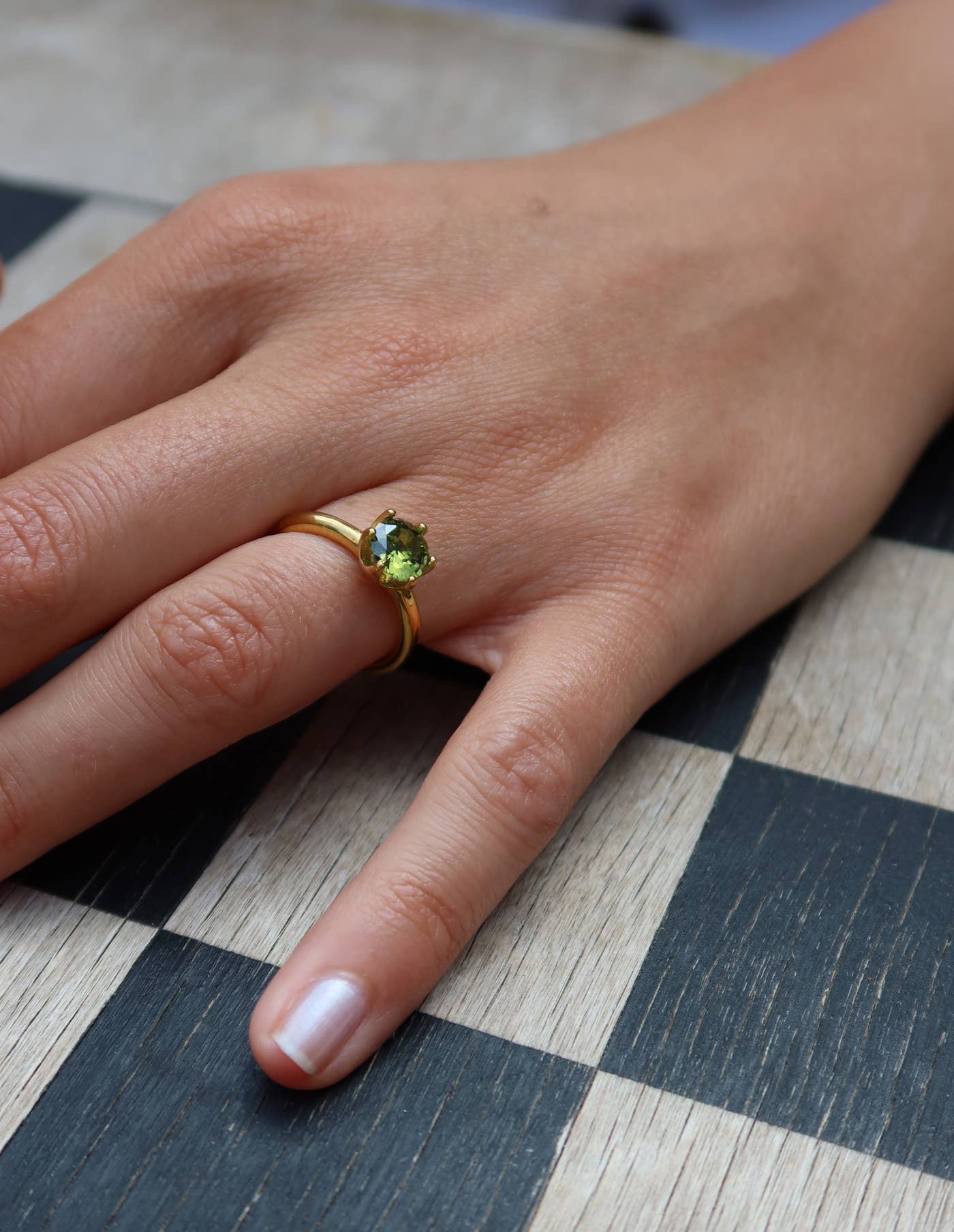 Nordic Muse - Gold Claw Set Green Gemstone Ring, Waterproof