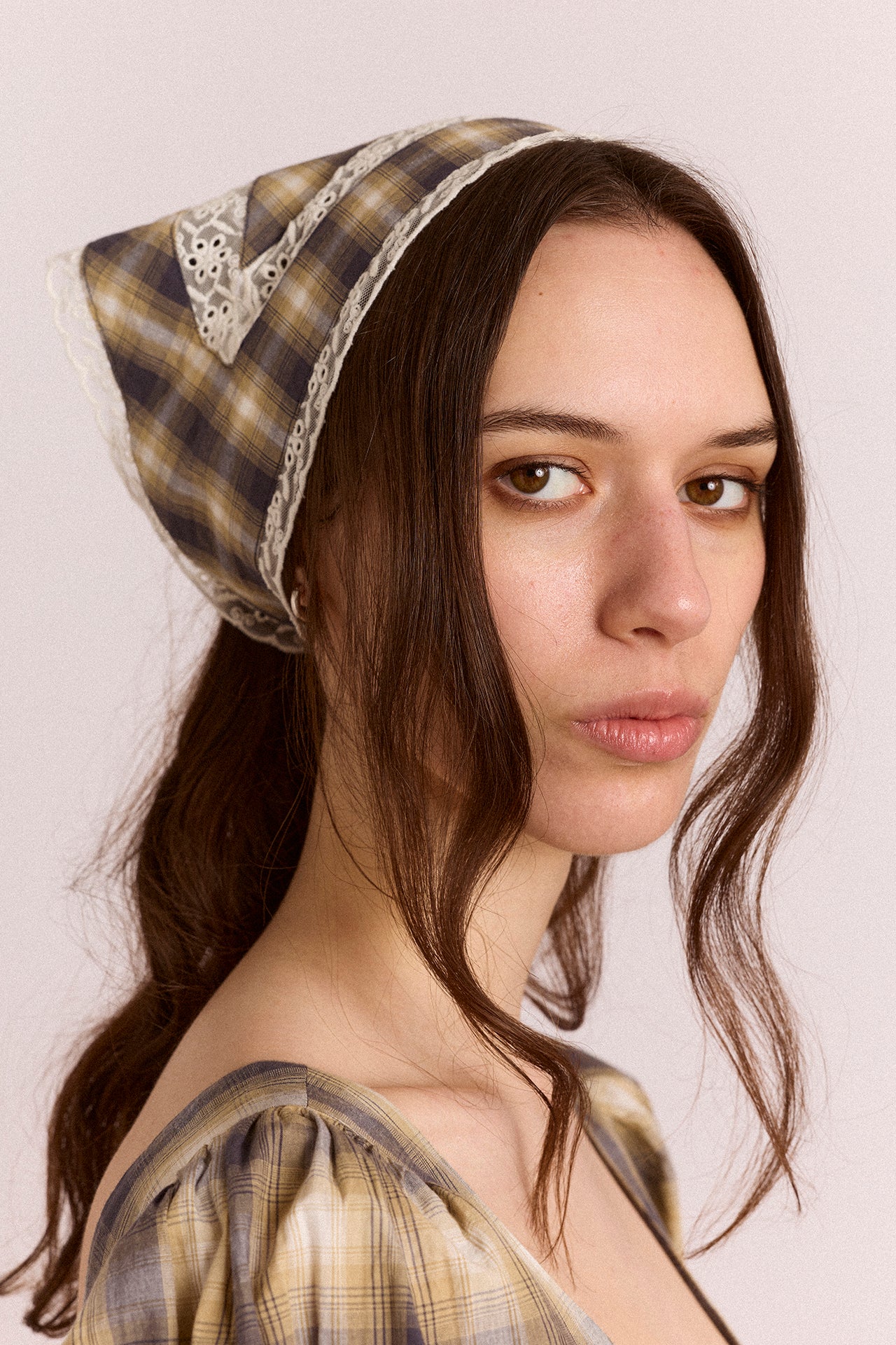 Damson Madder - Headband with Lace Detail, Cardamon Check
